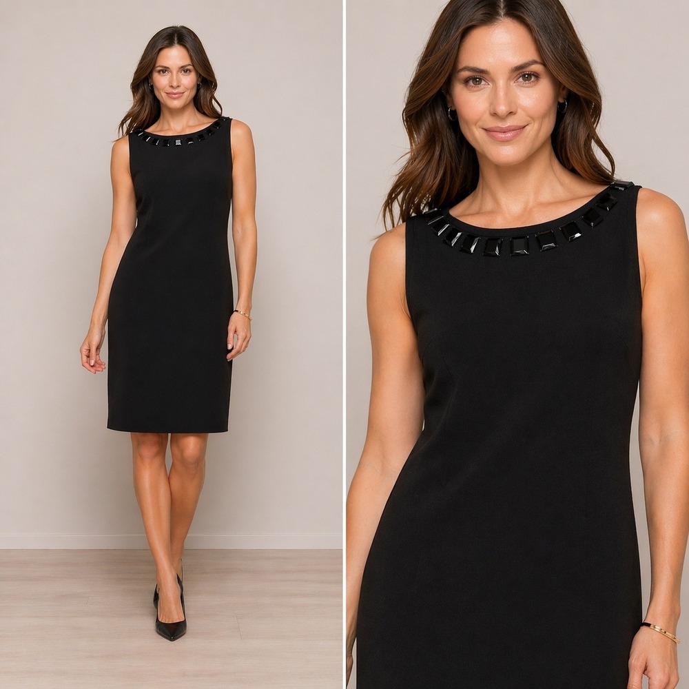 Talbots Sheath Dress 8 Black Embellished Jewel Neck‎ Sleeveless Stretch Knit
